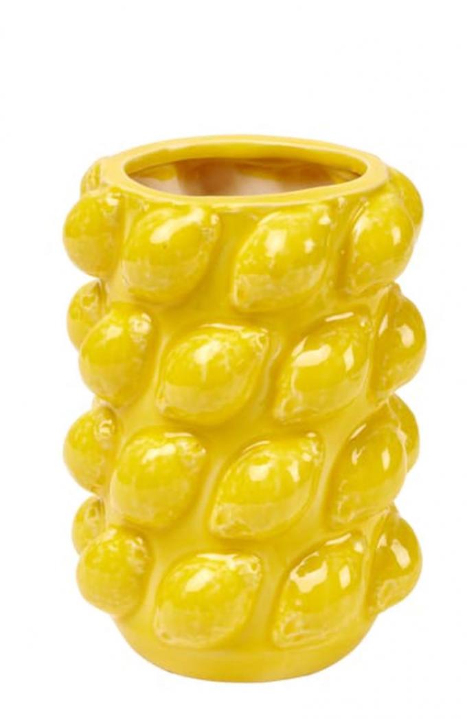 Gele vaas met reliëf van citroenen (H 16,5 cm, Ø 12 cm) 'Lemon'