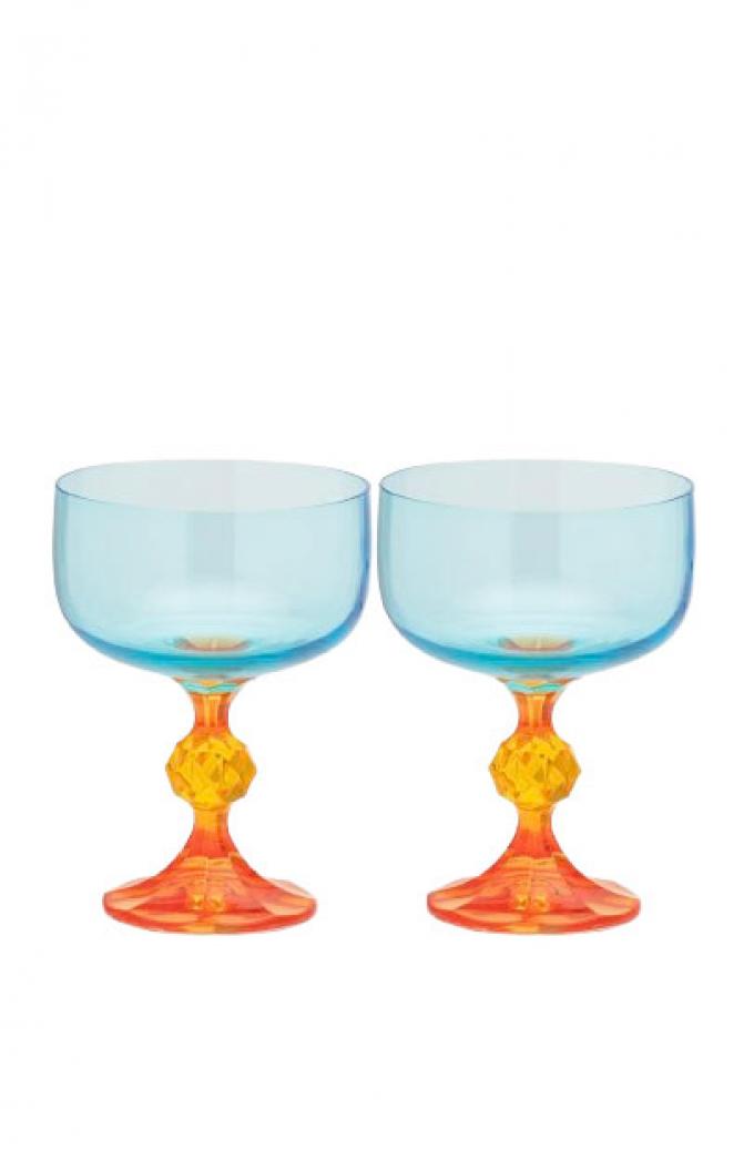 Set van twee oranje-blauwe glazen 