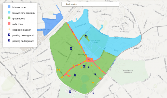 Een overzicht van de verschillende zones in het centrum van Waregem.