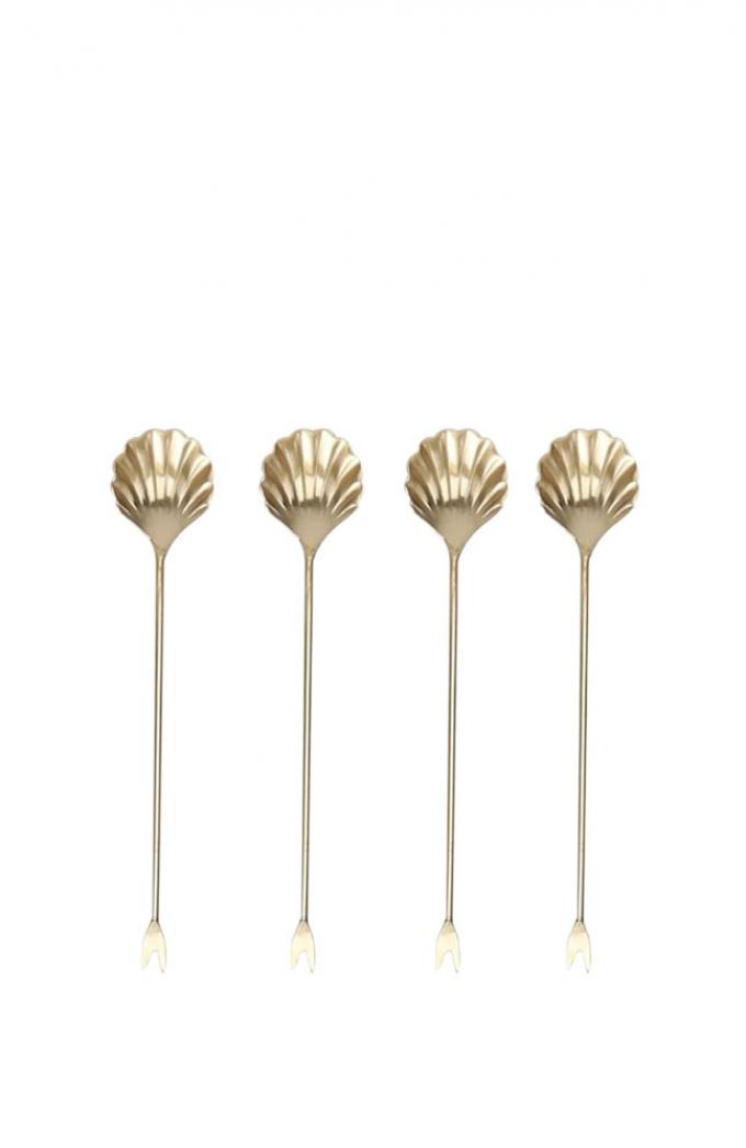 Set van 4 goudkleurige stalen prikkers met schelp (H 10,5 cm)