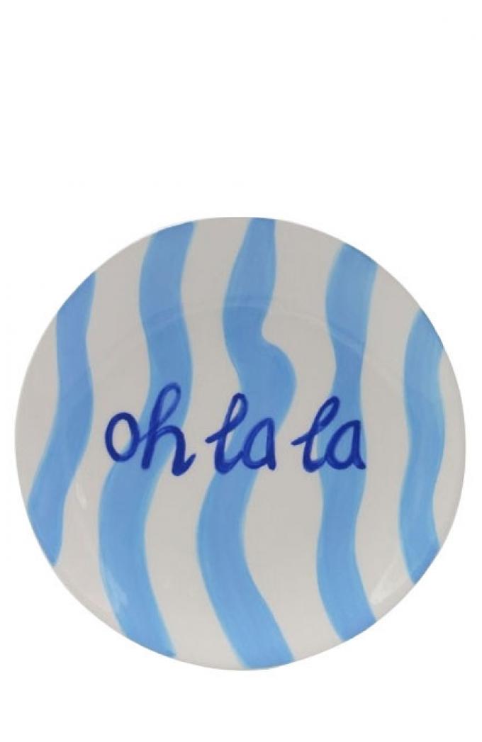 Blauw-wit gestreept bord met opschrift ‘Oh la la’ (18,5 x 18,5 x 2,2 cm)