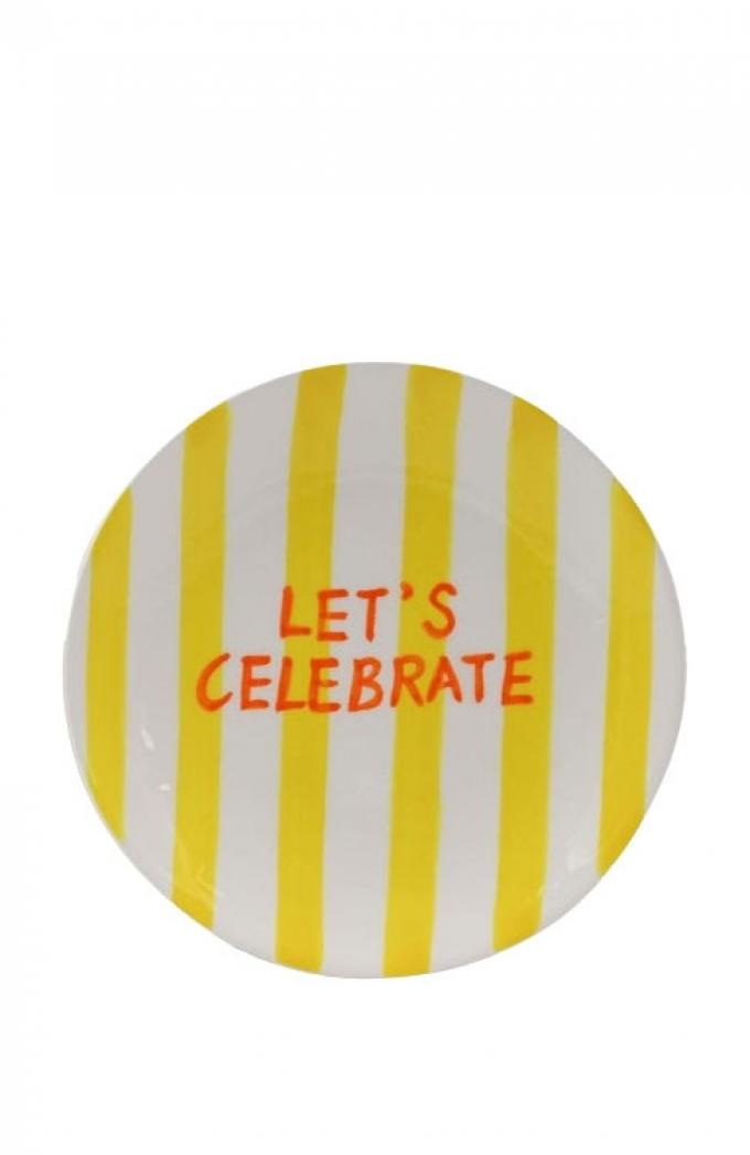 Geel-wit gestreept dessertbord met opschrift ‘Let’s celebrate’ (18,5 x 18,5 x 2,2 cm)