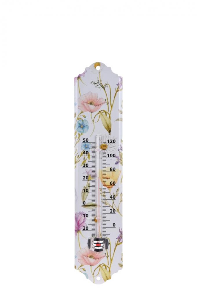 Witte buitenthermometer met bloemendessin (29 x 6.5 cm)