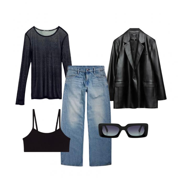 Blazer en cuir, t-shirt noir transparent, bralette noire, jeans large et lunettes rétro