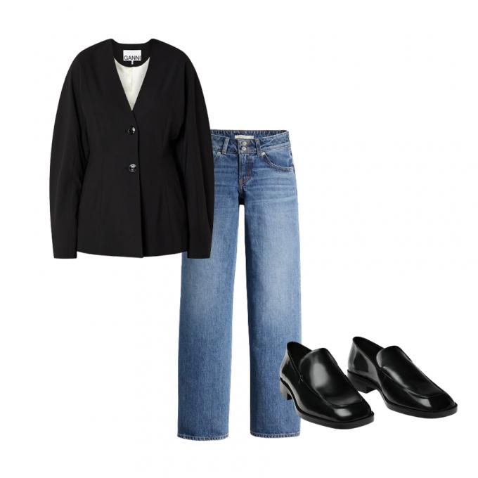 Jeans, blazer noir et mocassins à bout carré
