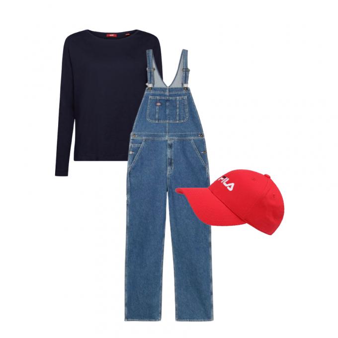Salopette en jeans, t-shirt et casquette