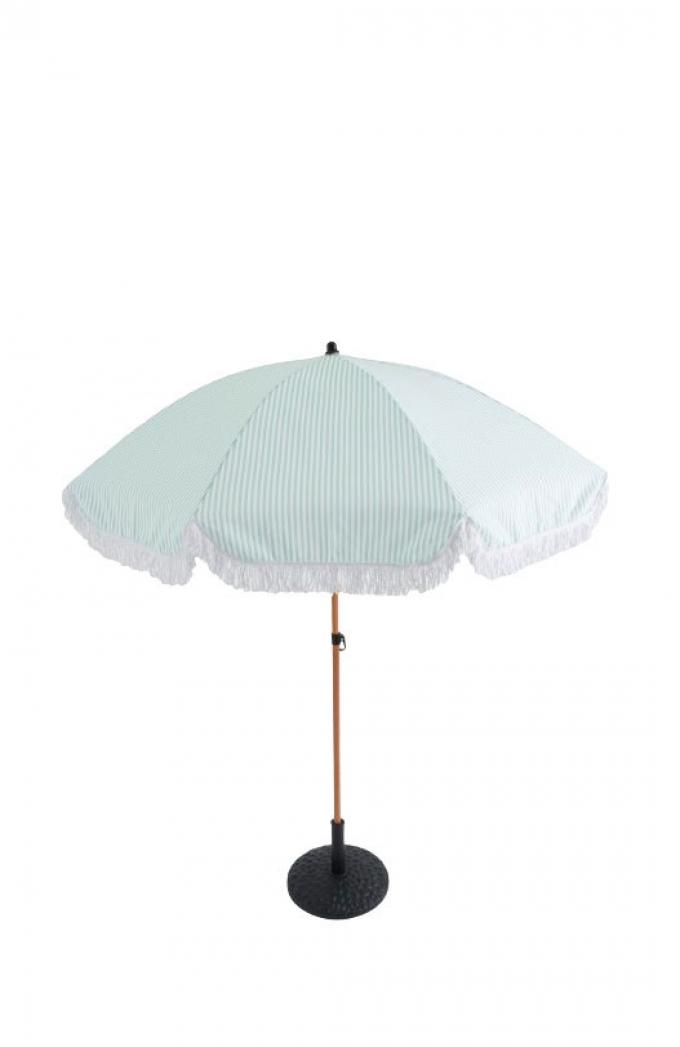 Muntgroen-wit gestreepte parasol met franjes ‘Britiz’ (Ø 200 cm – H 229 cm)