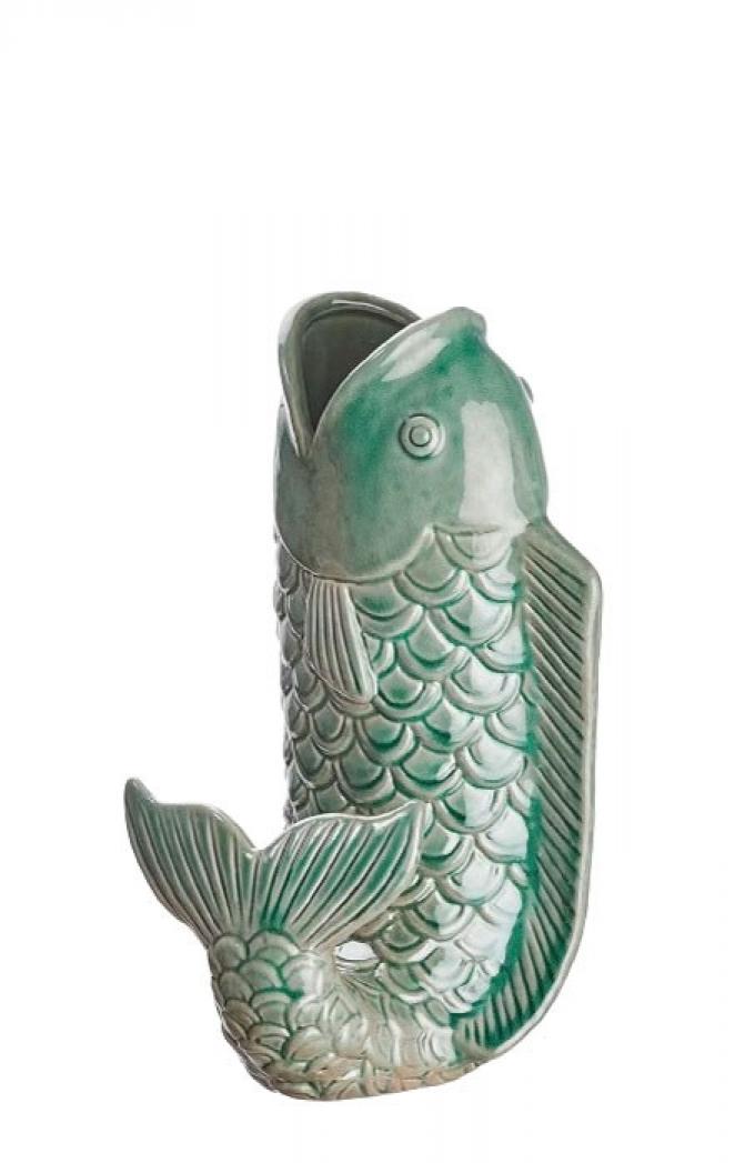Groene vaas uit aardewerk in de vorm van een vis (15 x 26 cm)