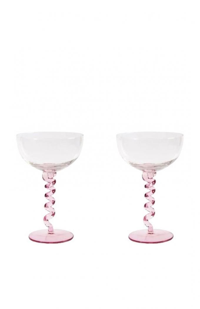 Set van twee champagnecoupes met roze voet ‘Spiral’