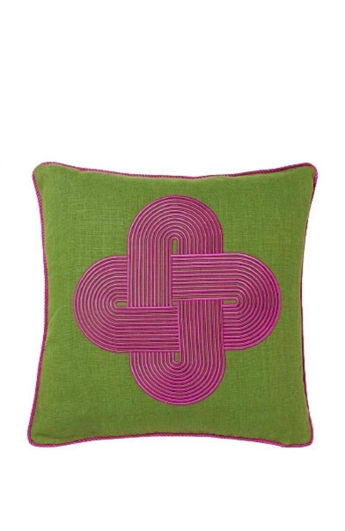 Groen linnen sierkussen met fuchsia borduursels ‘Pompidou’ (45 x 45 cm)