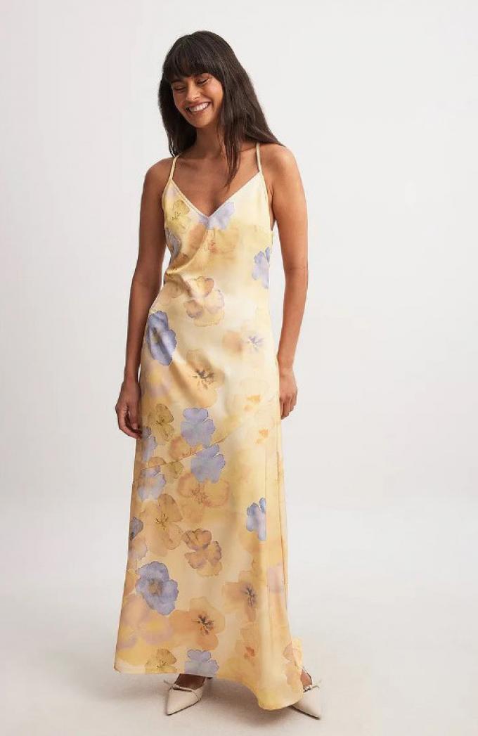 Satijnen slipdress met bloemenprint