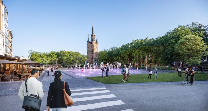 Een fontein zorgt voor verkoeling van de omgeving. Door verdamping wordt het koele water vermengd met de lucht