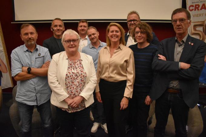 We zien v.l.n.r. Alain Stratsaert, Xavier Taveirne, Nancy Six, Sven Van Hoorde, Frederic Lamoot, Emily Talpe, Karl Mortier, Sam Vancayseele en Philip Bolle. (Foto TOGH)