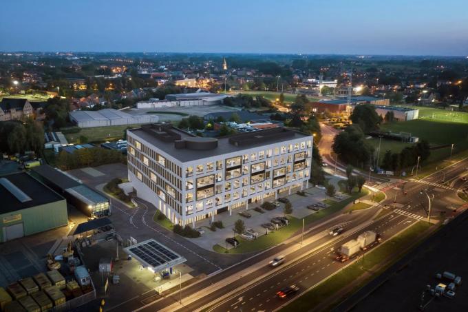 Noordpark wordt gebouwd aan de vlot bereikbare Noordlaan, pal tegenover het opvallende groene complex van Fluvius. Op dit beeld het gebouw ‘by night’.