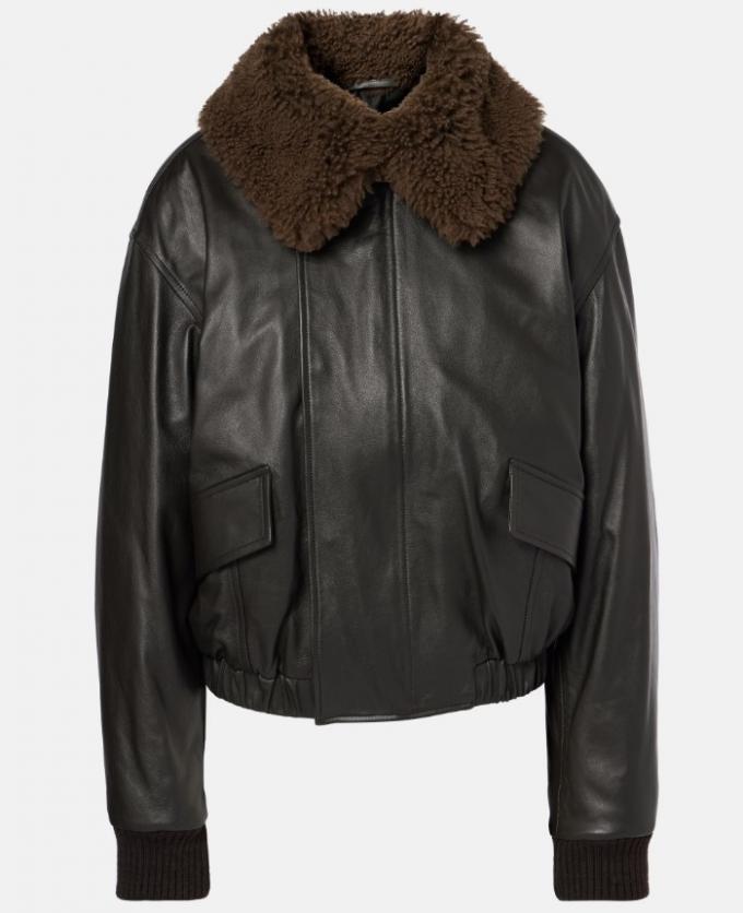 Zwarte leren bomber met faux-fur kraag