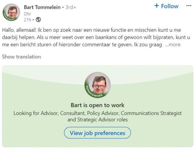 De boodschap van Bart Tommelein op Linkedin.