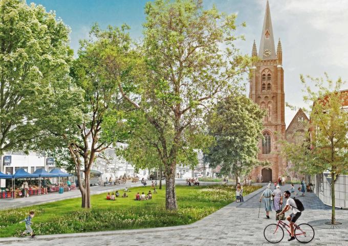 Een idyllisch beeld uit het Masterplan: zo kan het Kerkplein er uitzien zonder auto’s