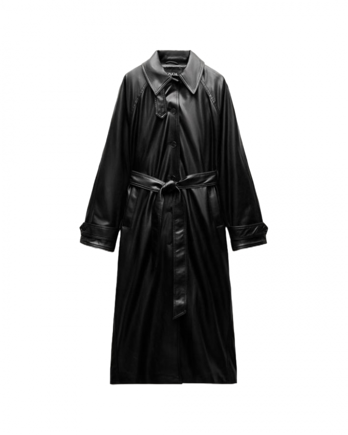 Oversized zwarte trenchcoat met riem in leerlook 