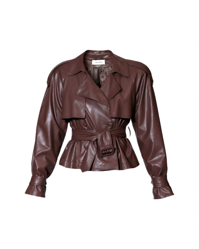 Korte, chocoladebruine trenchcoat met leerlook