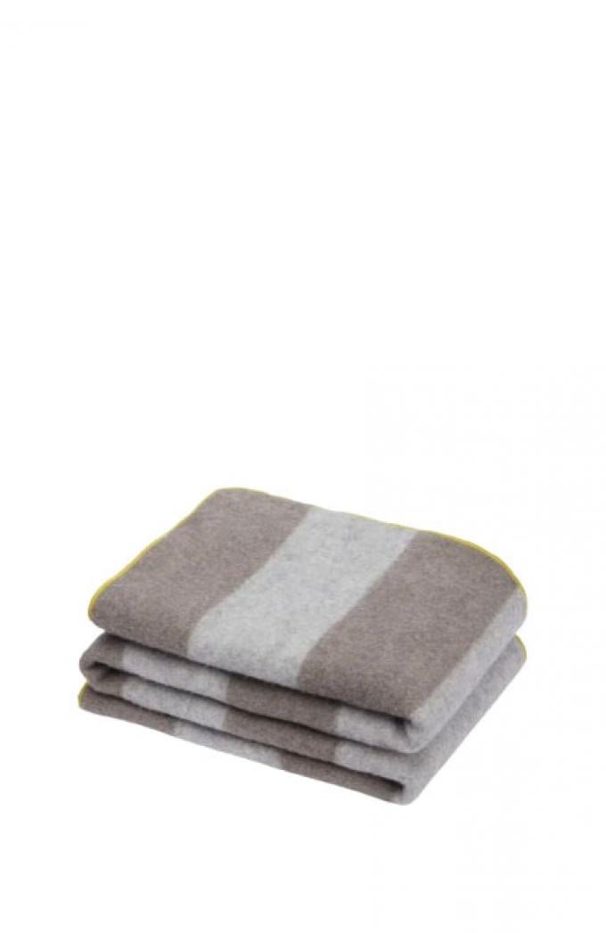 Taupe-grijze gestreepte plaid uit merinowol met gifgroene rand 