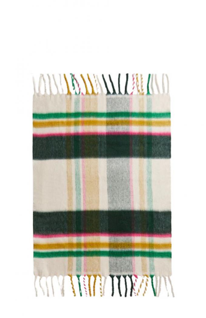 Witte plaid uit acryl en polyester met groen-okergeel-roze ruitjespatroon (130 x 170 cm)