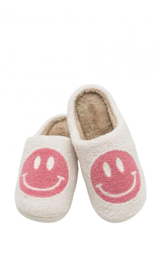 Witte pantoffels uit teddystof met roze smileys