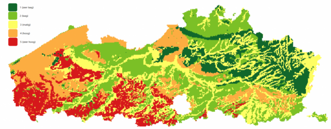 Gevoeligheidskaart van krimp- en zwelgedrag van de bodem en ondergrond in Vlaanderen bij veranderend vochtgehalte.