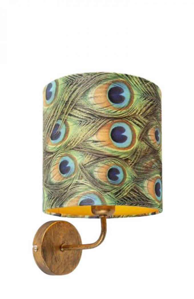 Stalen wandlamp met fluwelen kap met pauwenverenmotief