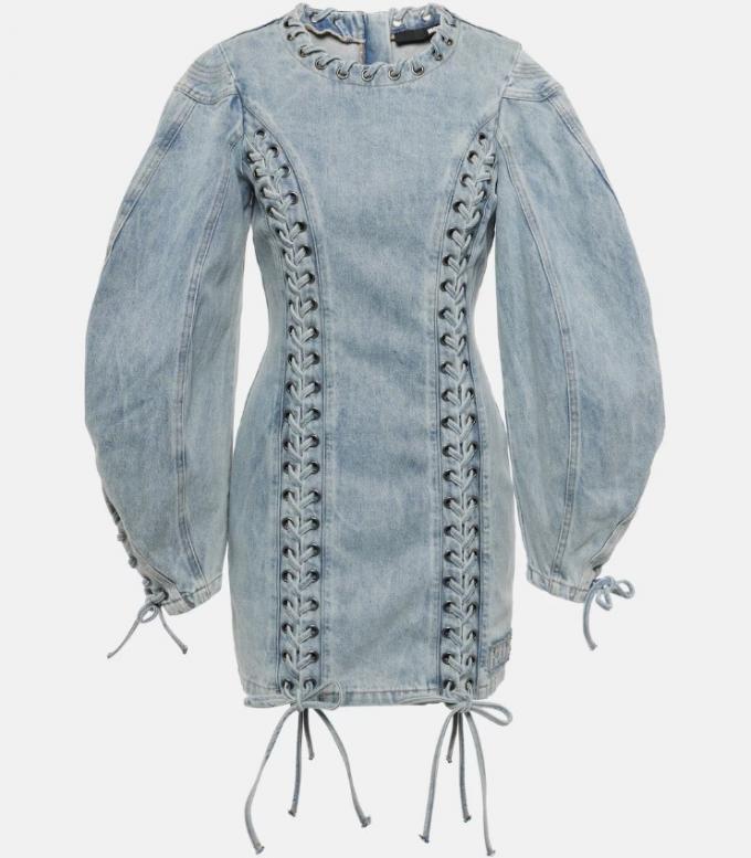 Denim jurk met ballonmouwen en linten