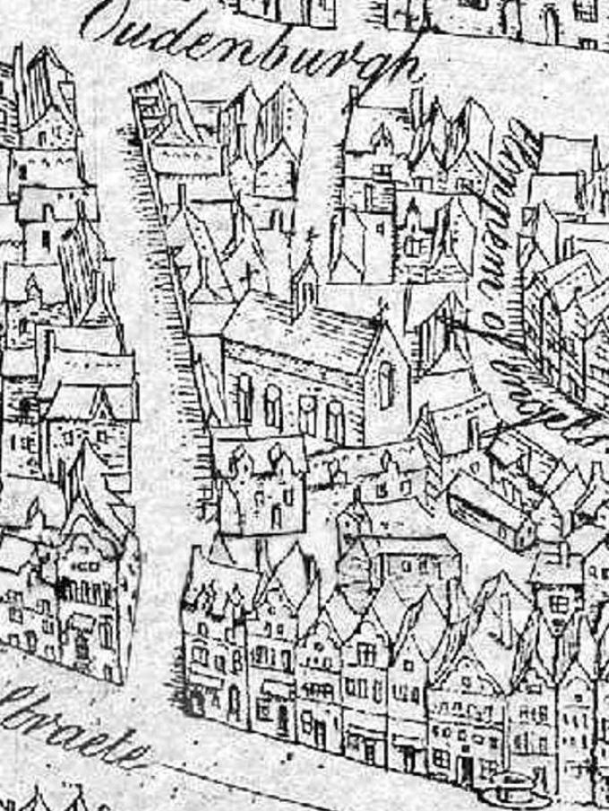 Het Sint-Niklaashospitaal zoals afgebeeld in 1562 op de kaart van Marcus Gerards. (foto Uitgave Koen Goeminne)