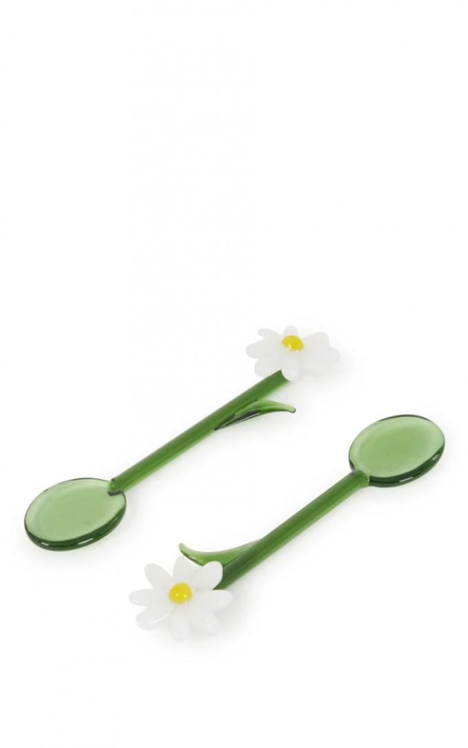 Set van twee glazen lepels met bloem ‘Flora’ (L 13,5 cm)