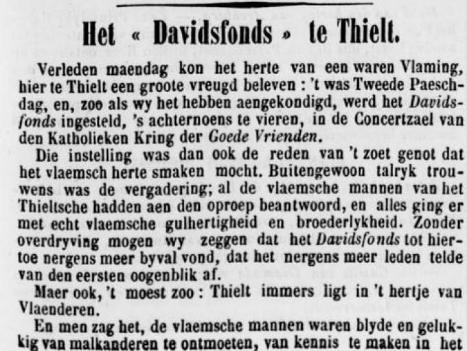 Een uittreksel uit 'De Gazette van Thielt' dd 31 maart 1875, over de oprichting van Het Davidsfonds in Tielt. (foto Archief De Roede van Tielt/Stadsarchief Tielt)