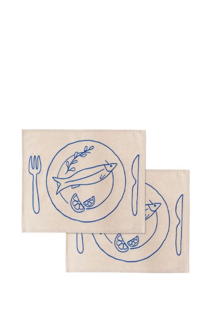 Set van twee geborduurde placemats uit katoen-linnenmix (38 cm x 48 cm)