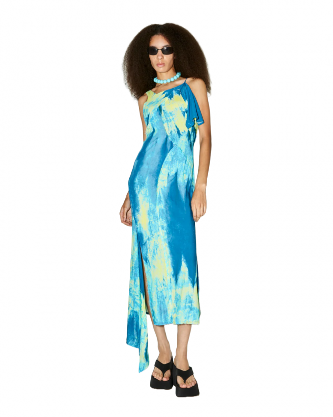 Asymmetrische jurk met blauw-gele print