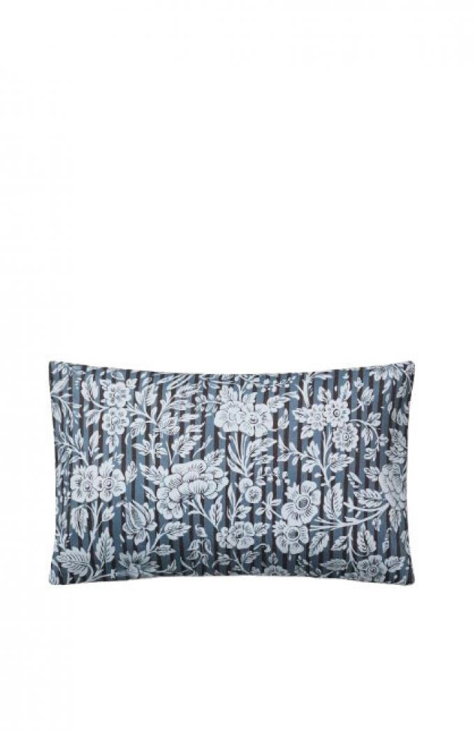 Blauw-bruin gestreept katoenen kussenhoes met bloemenprint (30 x 50 cm) 