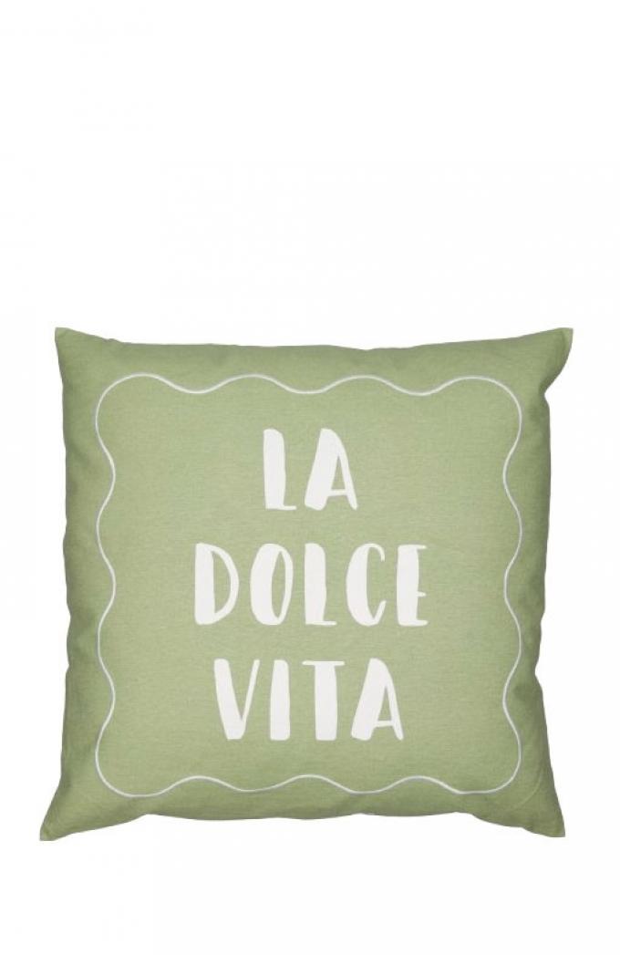 Pistachegroen kussen uit katoenmix met golvend stiksel en opschrift ‘La dolce vita’ (45 x 45 cm)