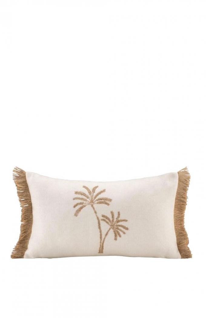 Beige kussen met palmboomdessin en jute franjes ‘Elena’ (30 x 50 cm)