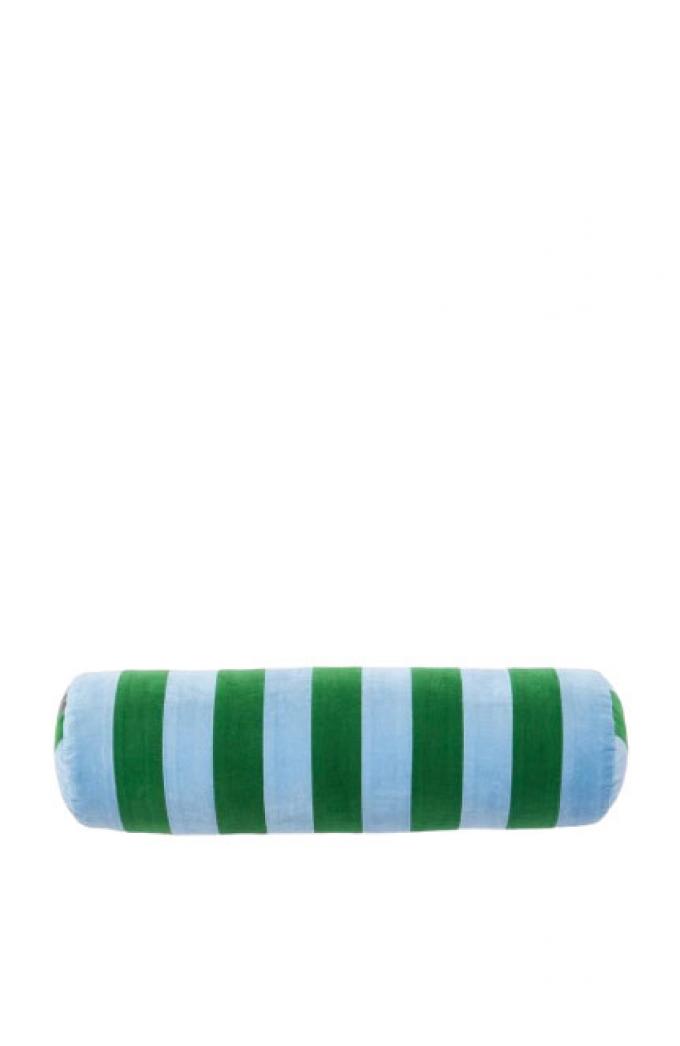 Groen-blauw gestreept kussen in fluweel ‘Remus’ (Ø 17 cm x L 57 cm)