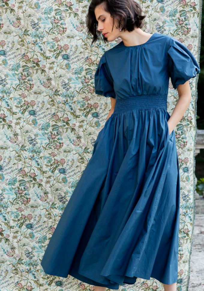 Robe longue manches ballon en popeline 