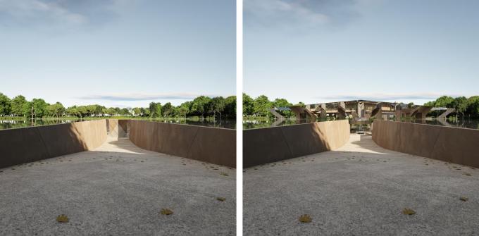 De ingang van het huis, dat zo eigenlijk volledig opgaat in het landschap.