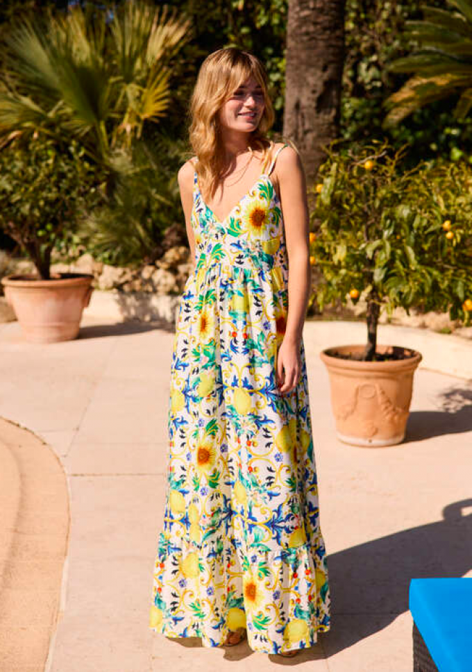 Robe longue imprimée citron