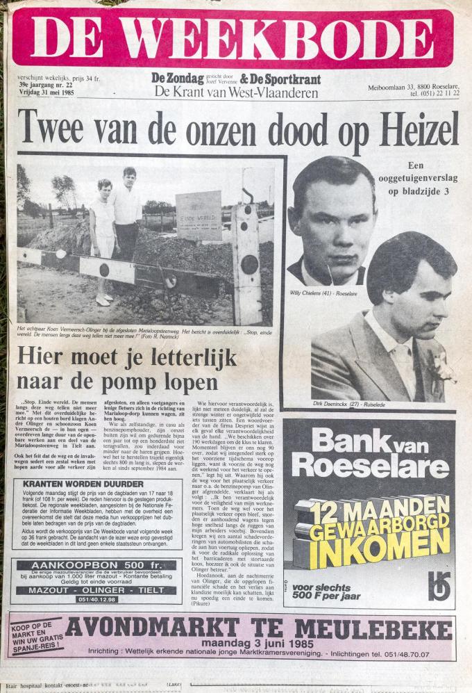 De cover van De Weekbode, een van de edities van De Krant van West-Vlaanderen, van 31 mei 1985.