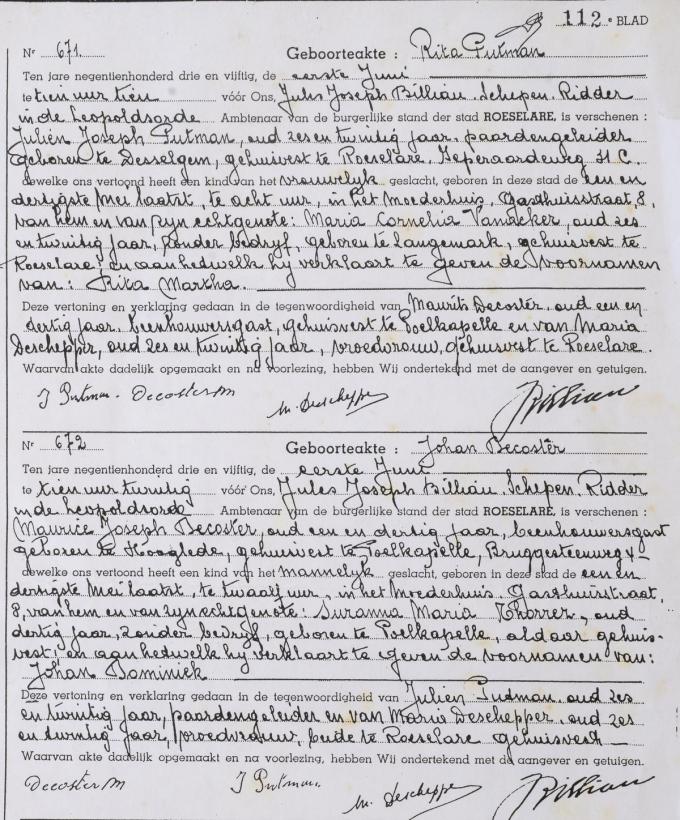 Het geboorteregister van Roeselare. Rita is nummer 671, Johan nummer 672.