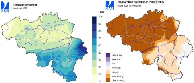 Links zie je hoeveel neerslag er viel in mei 2025 en de kaart rechts toont hoe droog het de afgelopen drie maanden is.