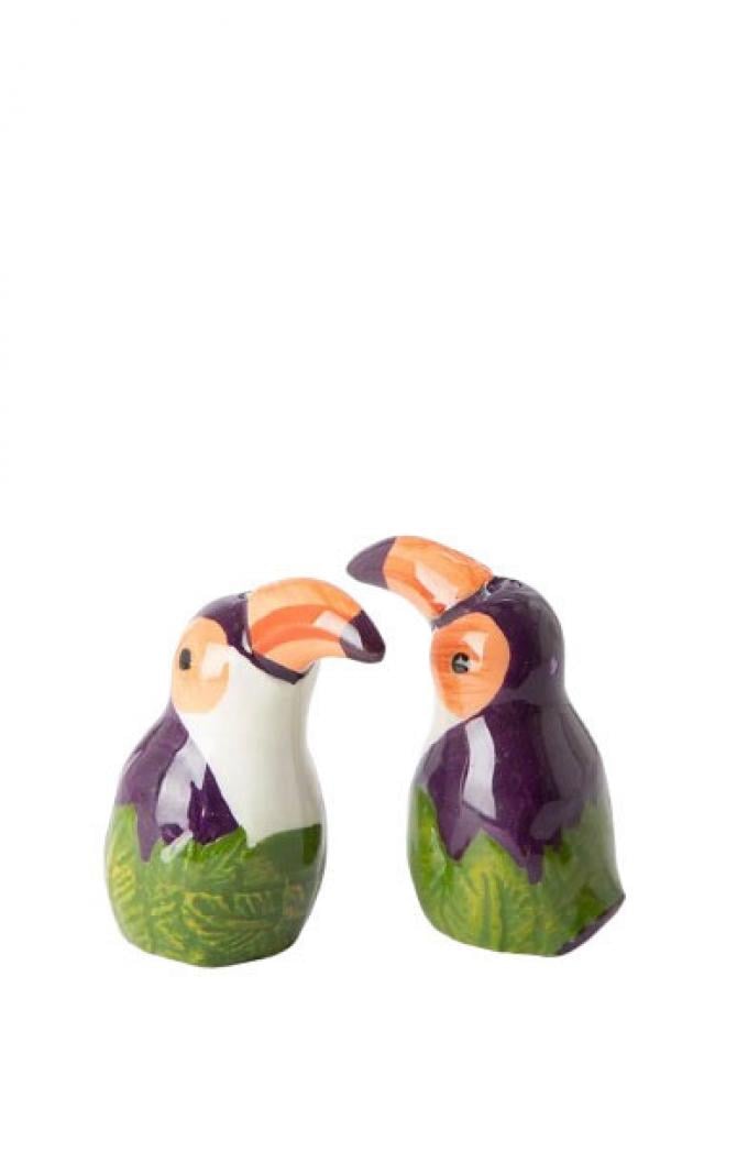 Aluminium peper- en zoutstel in de vorm van een toekan (H 7,5 cm)
