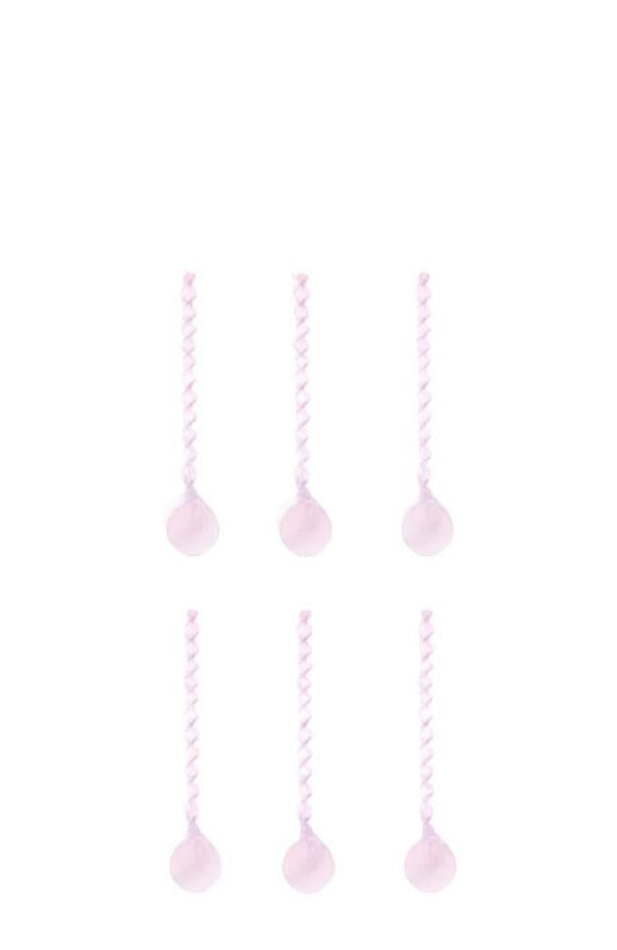 Set van zes lichtroze gedraaide lepels uit glas (H 15 cm)