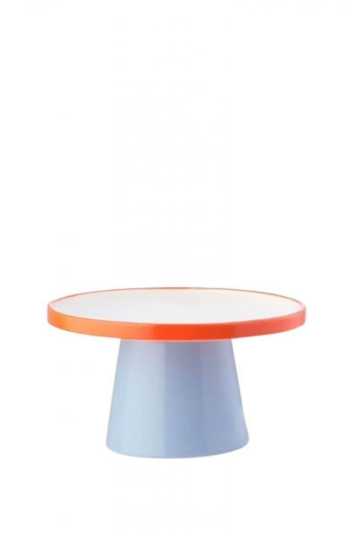 Blauw taartplateau met oranje detail uit porselein (Ø 18 x H 10 cm)