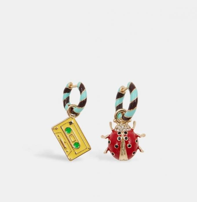 Blauw-bordeaux oorringen met cassette en lieveheersbeestje