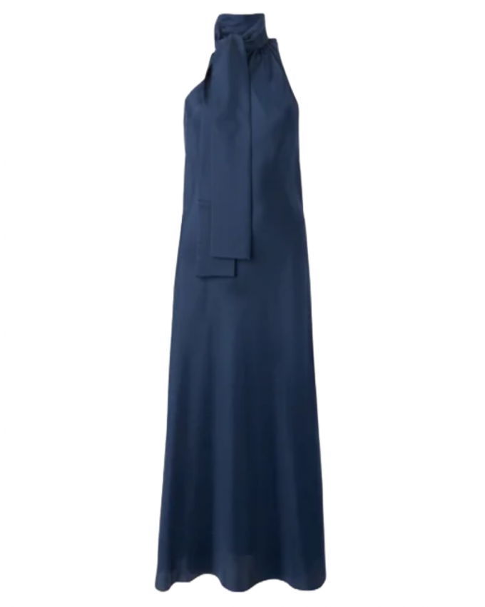 Blauwe maxi-jurk in glanzend zijde