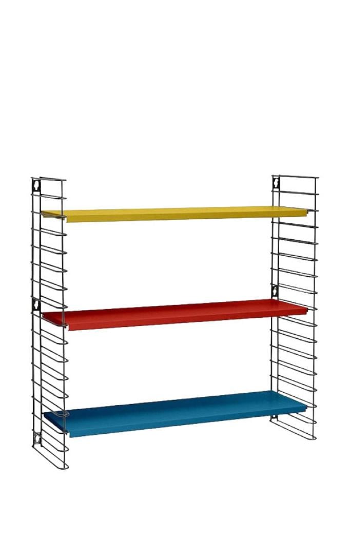 Wandrek met blauwe, rode en gele legplanken (70 x 21 x 68 cm) 